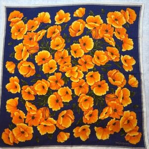 YVES SAINT LAURENT Scarf Handkerchief Poppy Floral Cotton Navy Blue Orange 18"